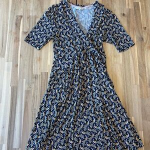 Boden French Navy Peacock Paradise Fixed Wrap Jersey Midi Dress US 6L UK 10L